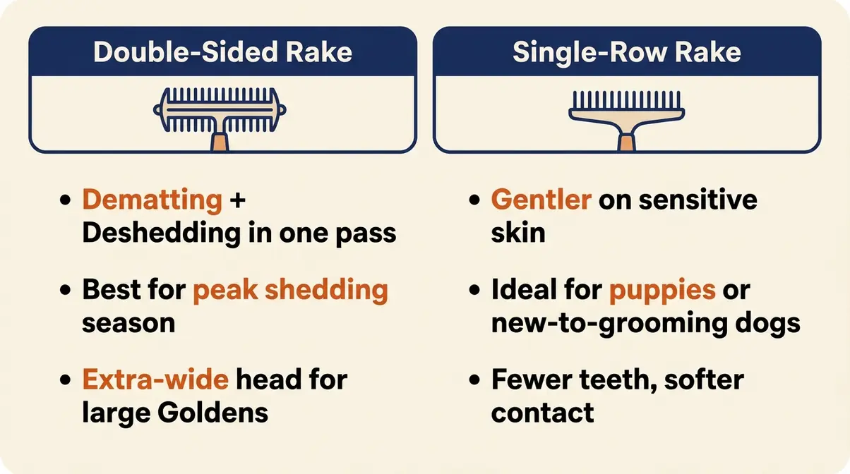 Comparison diagram of double-sided and single-row undercoat rakes for Golden Retrievers showing key differences