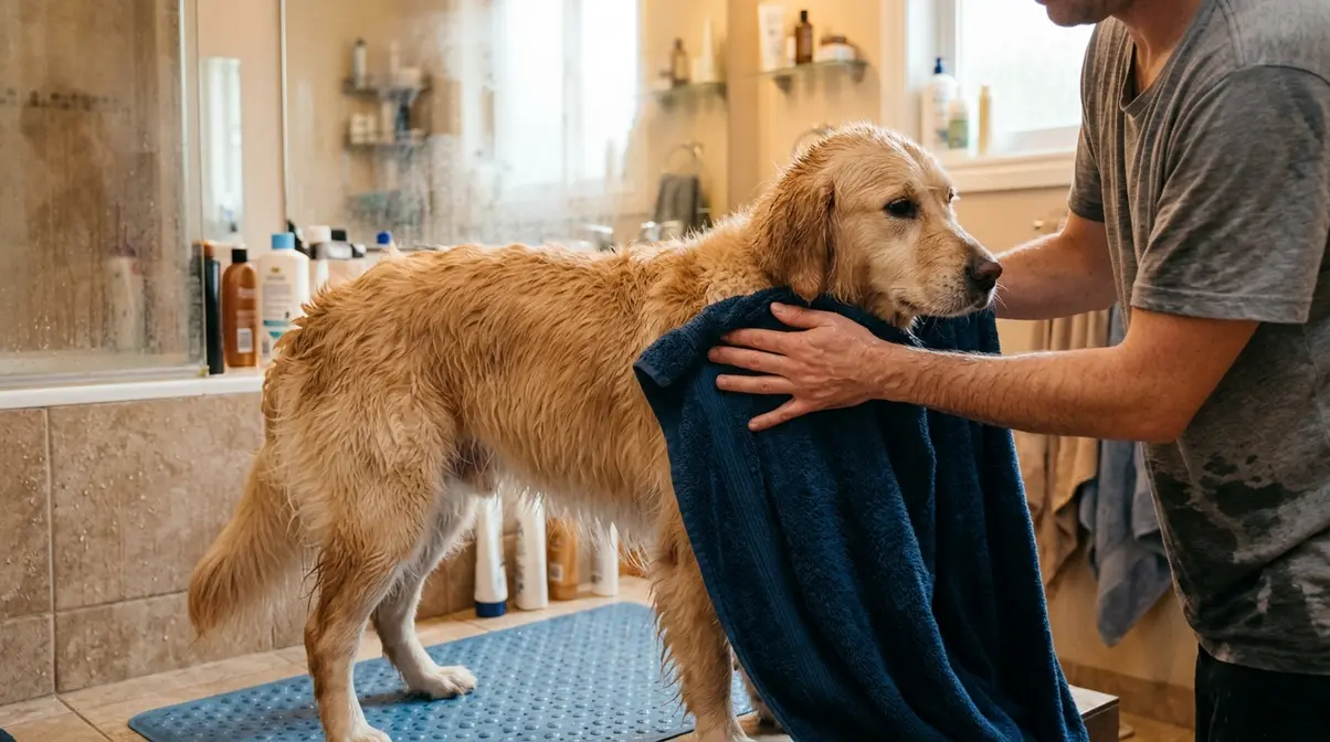 Owner pressing a towel into a freshly bathed Golden Retriever's coat to dry the undercoat and prevent hot spots