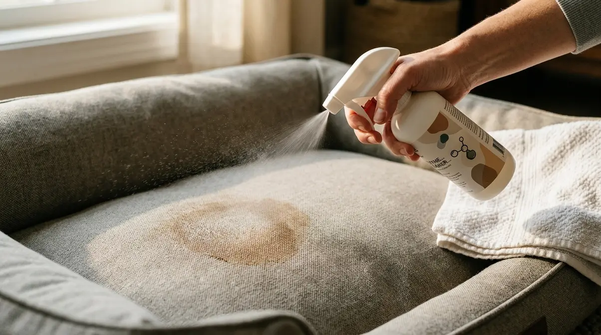Hand spraying enzyme cleaner onto a stained dog bed fabric to remove urine odor before washing