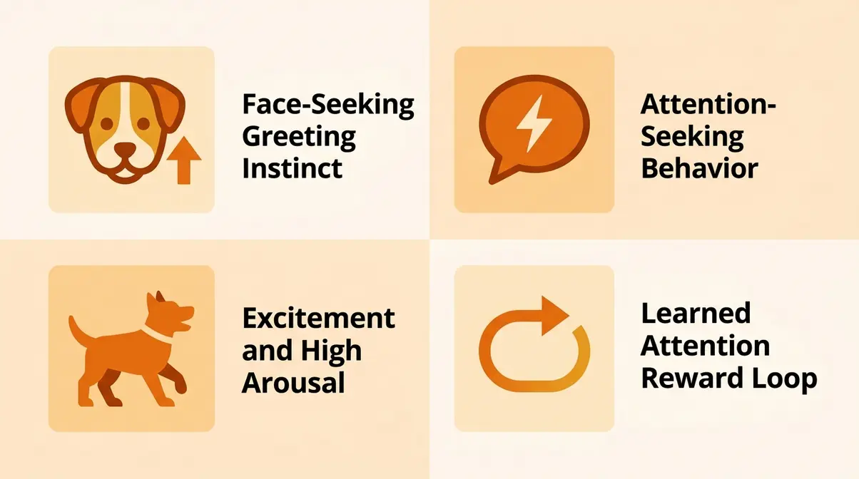 Infographic showing four reasons dogs jump on people including greeting instinct and attention-seeking