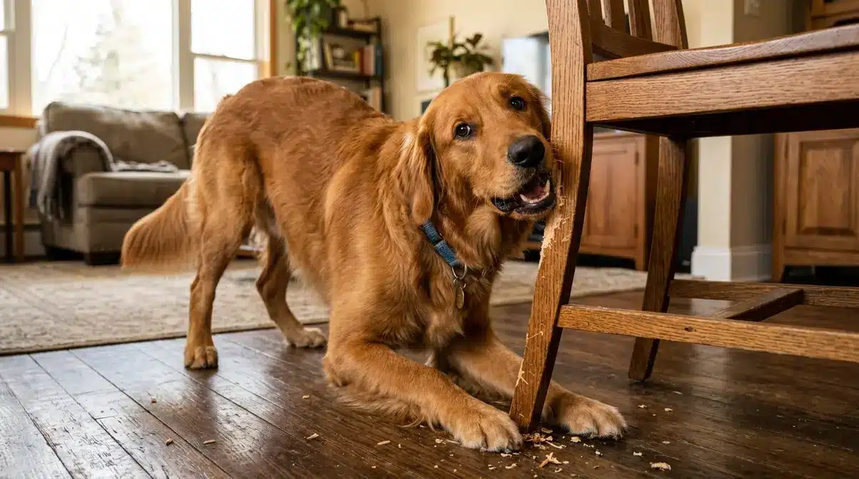 Adolescent Golden Retriever chewing wooden chair leg showing peak destructive behavior at 6 to 18 months