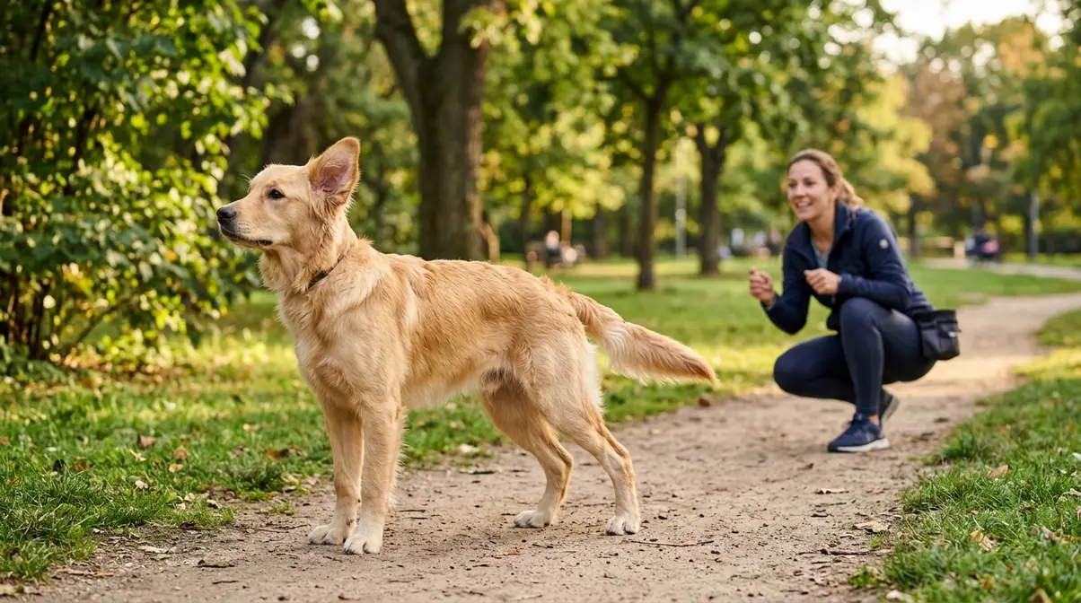 Adolescent Golden Retriever ignoring owner's recall cue in a park, distracted during the teenage development phase