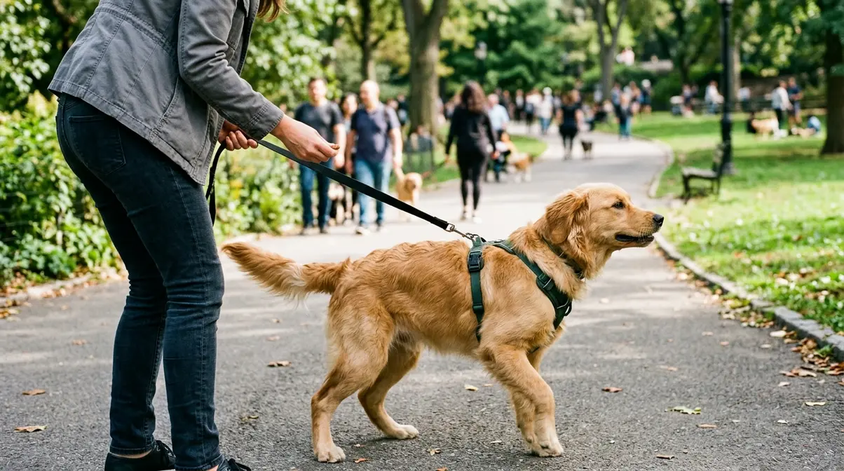 Young golden retriever showing distraction during adolescent phase leash training in a busy park