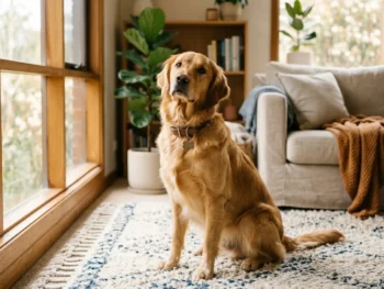 Adult Golden Retriever sitting calmly in a warm living room, settling into a new home after adoption