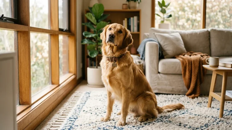 Adult Golden Retriever sitting calmly in a warm living room, settling into a new home after adoption