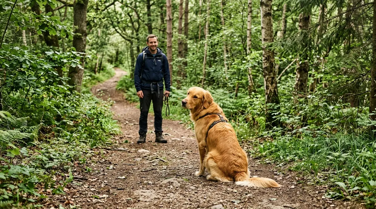 Adult golden retriever sitting off-leash on a forest trail demonstrating advanced recall training