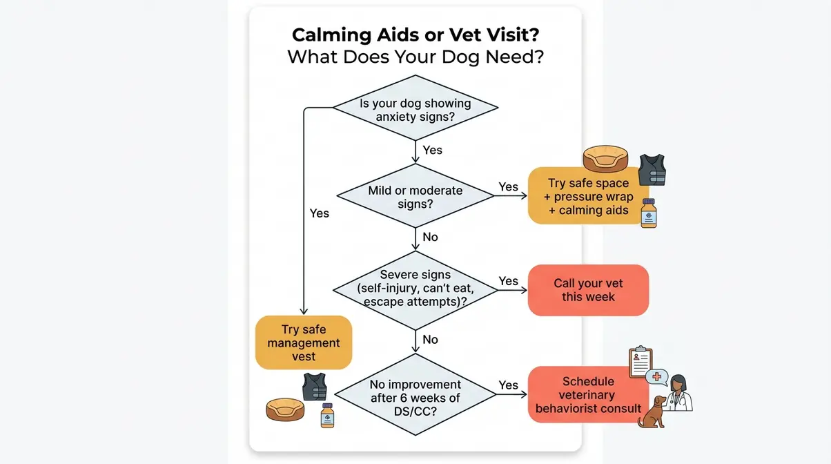 Decision tree flowchart for golden retriever noise anxiety showing when to use calming aids versus when to call the vet