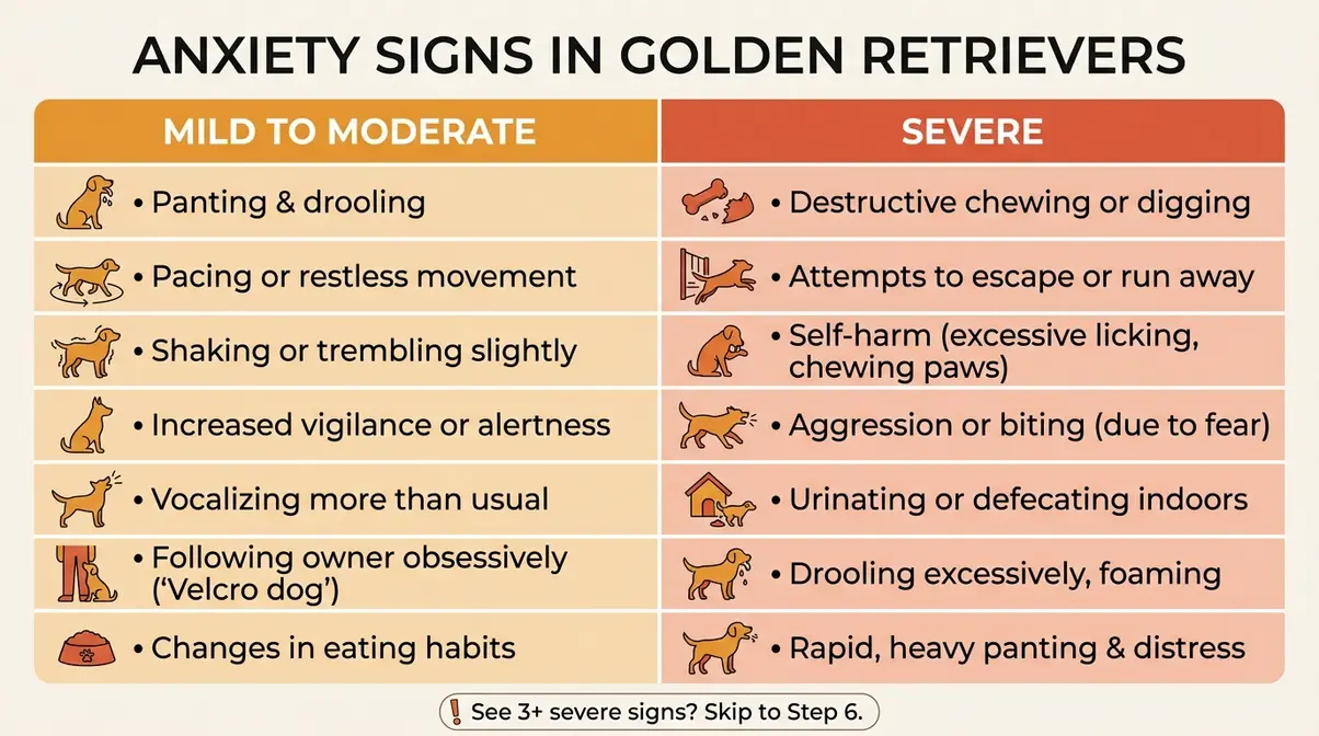 Golden retriever fireworks and thunderstorm anxiety signs chart showing mild versus severe symptoms