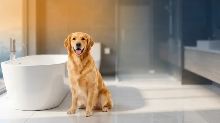 Golden retriever bath frequency guide showing a clean adult dog by a bathtub