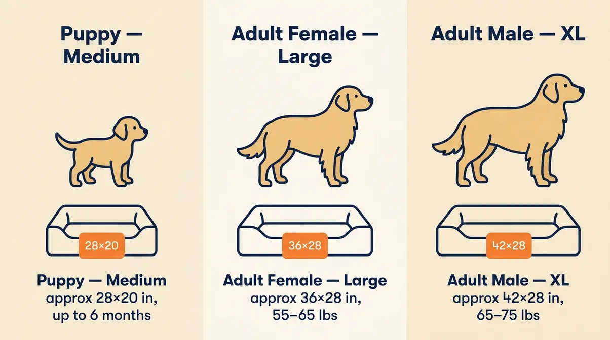 Infographic comparing Golden Retriever bed sizes for puppy, adult female, and adult male with dimensions