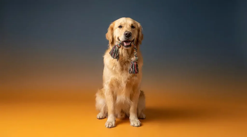Golden Retriever behavior guide showing a well-trained dog holding a toy