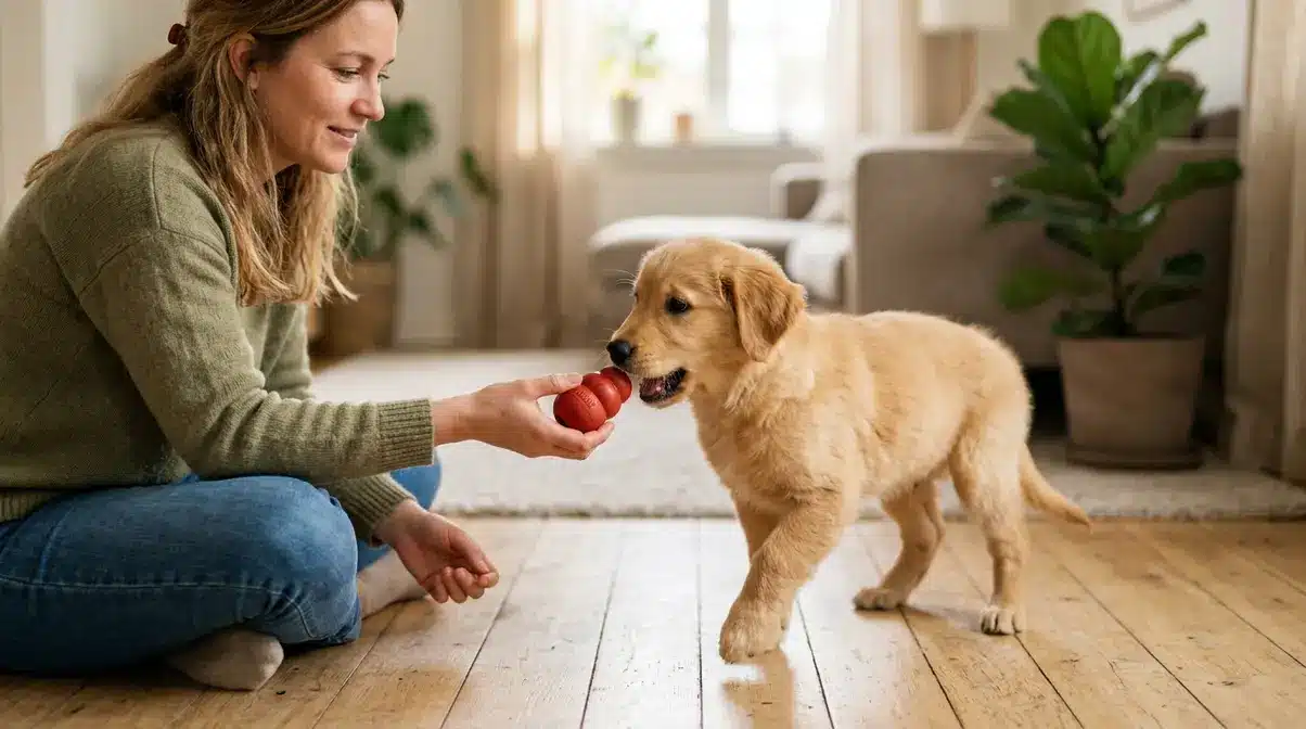 Person calmly redirecting golden retriever puppy to a chew toy during bite inhibition training session