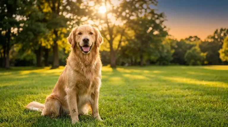 A happy Golden Retriever dog smiling in a sunny park, representing the warm and loyal 'golden retriever boy' personality.