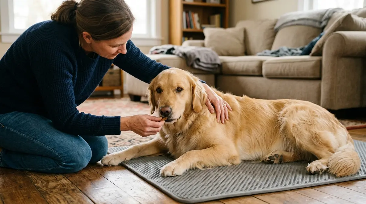 Golden Retriever lying calmly on its side while owner offers a treat during nail trimming setup