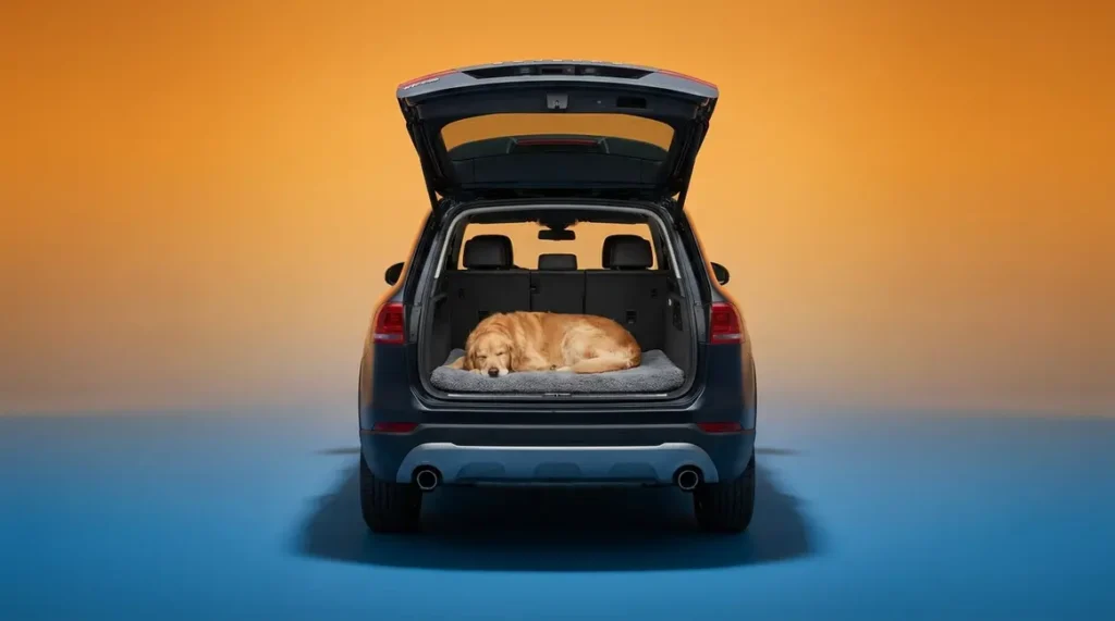 Calm Golden Retriever resting in an SUV cargo area showing effective car anxiety tips