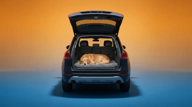 Calm Golden Retriever resting in an SUV cargo area showing effective car anxiety tips
