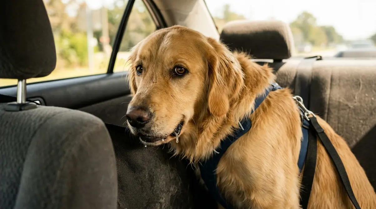 Golden Retriever in car back seat showing early signs of car sickness with worried expression and drooling