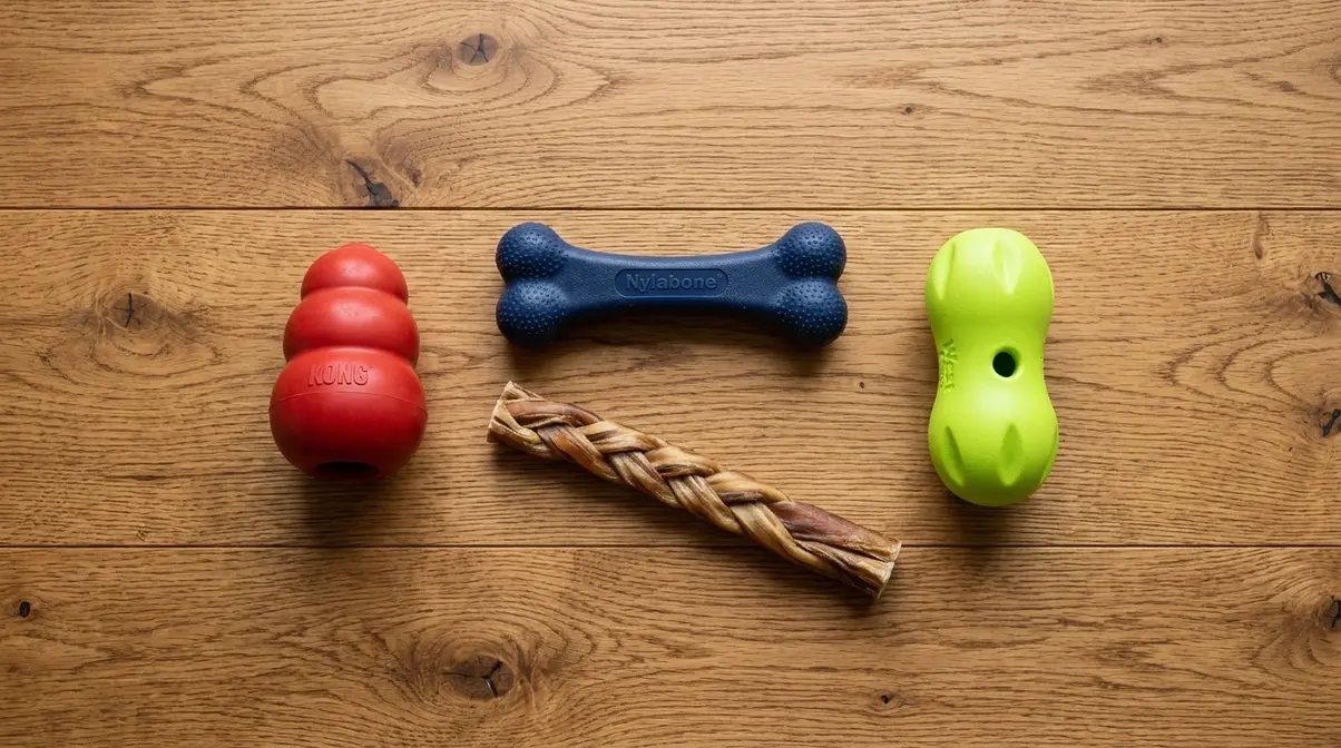 Variety of Golden Retriever chew toys including Kong, Nylabone, bully stick, and rubber chew arranged for rotation strategy