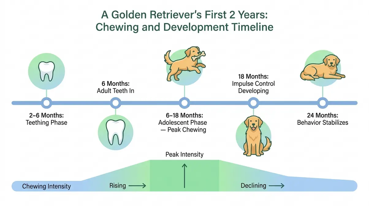 Timeline infographic of Golden Retriever chewing behavior from 2 months to 2 years with developmental milestones