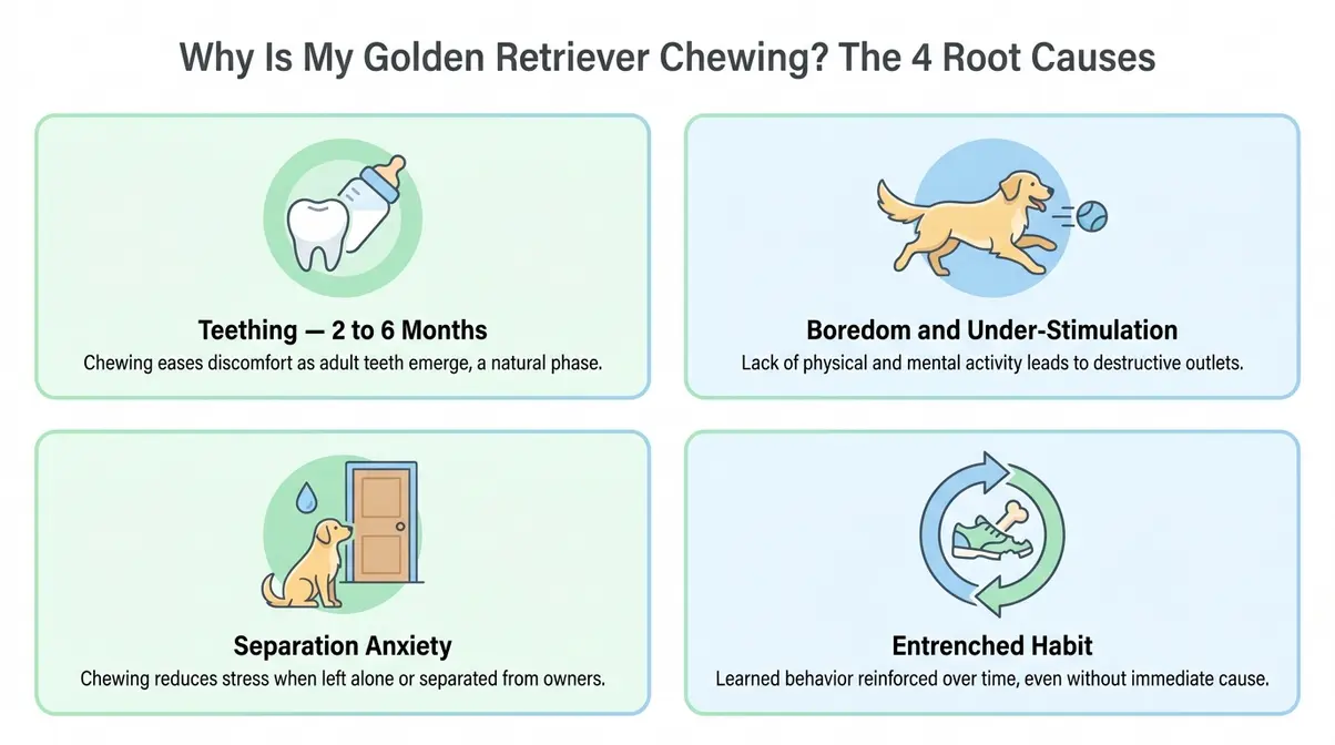 Infographic showing four root causes of destructive chewing in Golden Retrievers: teething, boredom, separation anxiety, and habit