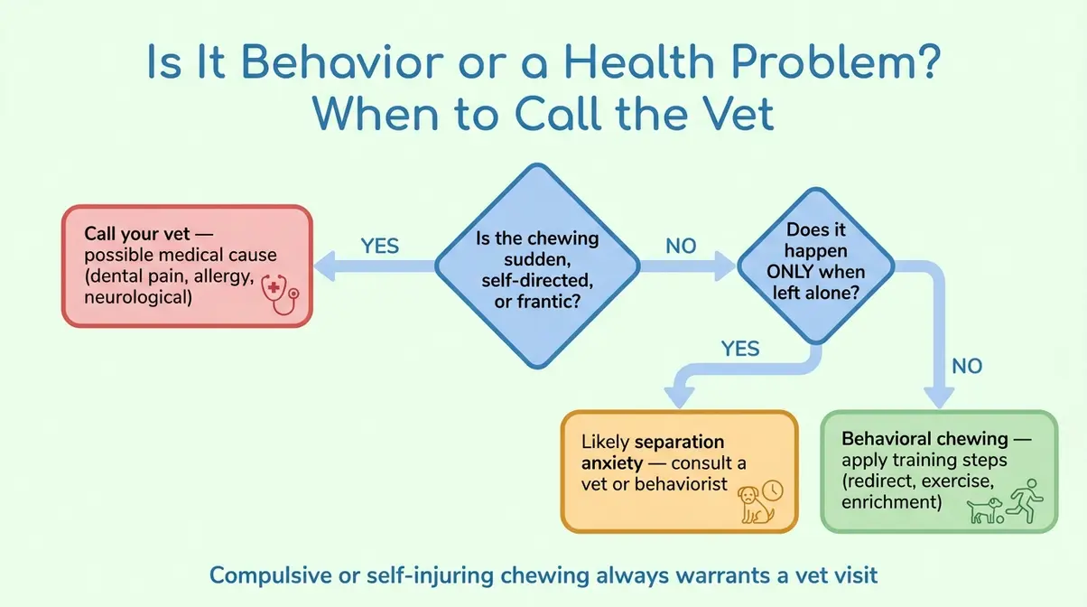 Decision flowchart helping Golden Retriever owners determine if chewing is behavioral or a medical problem requiring a vet