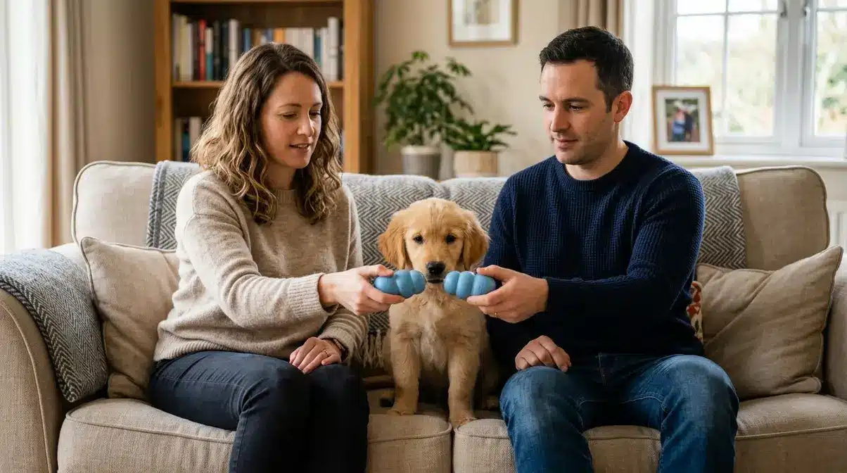 Two household members consistently redirecting golden retriever puppy with a toy using the same training response
