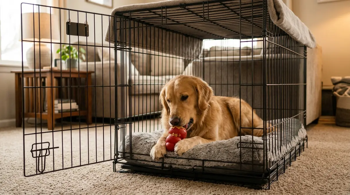Golden Retriever relaxing in open crate with frozen Kong toy as part of alone-time chewing management routine