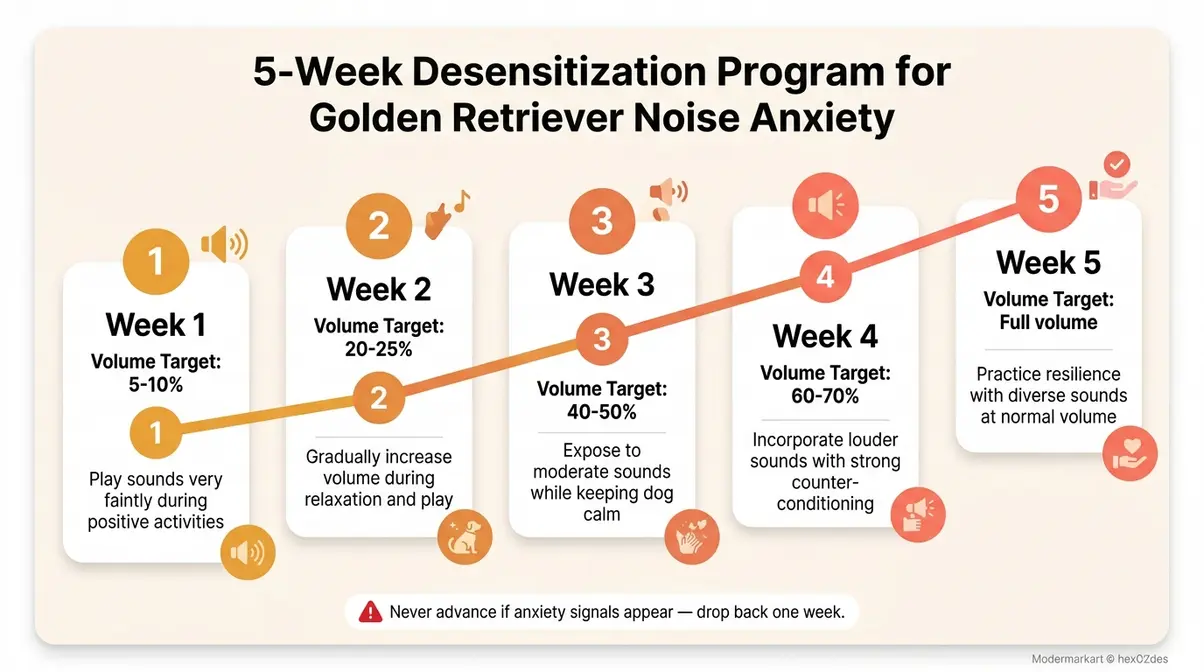 Timeline infographic showing 5-week desensitization program for golden retriever fireworks and thunderstorm anxiety