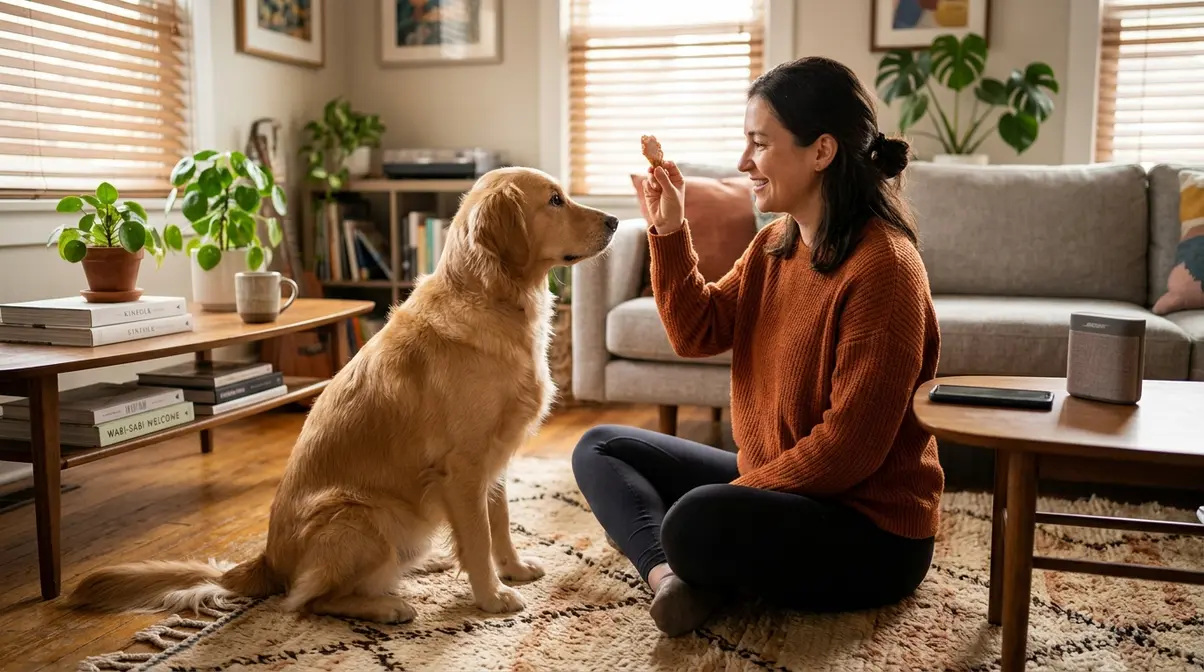 Owner training golden retriever with treats during desensitization session using phone speaker for sound