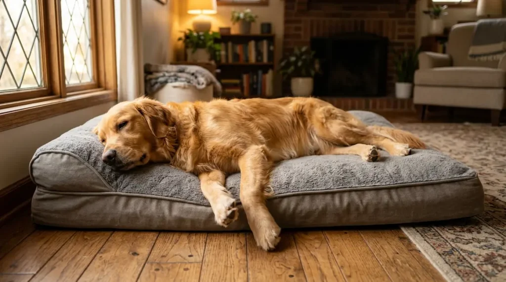 Adult Golden Retriever lying fully stretched on a large dog bed in a warm home interior
