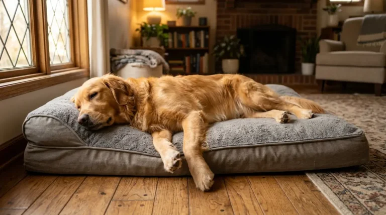 Adult Golden Retriever lying fully stretched on a large dog bed in a warm home interior