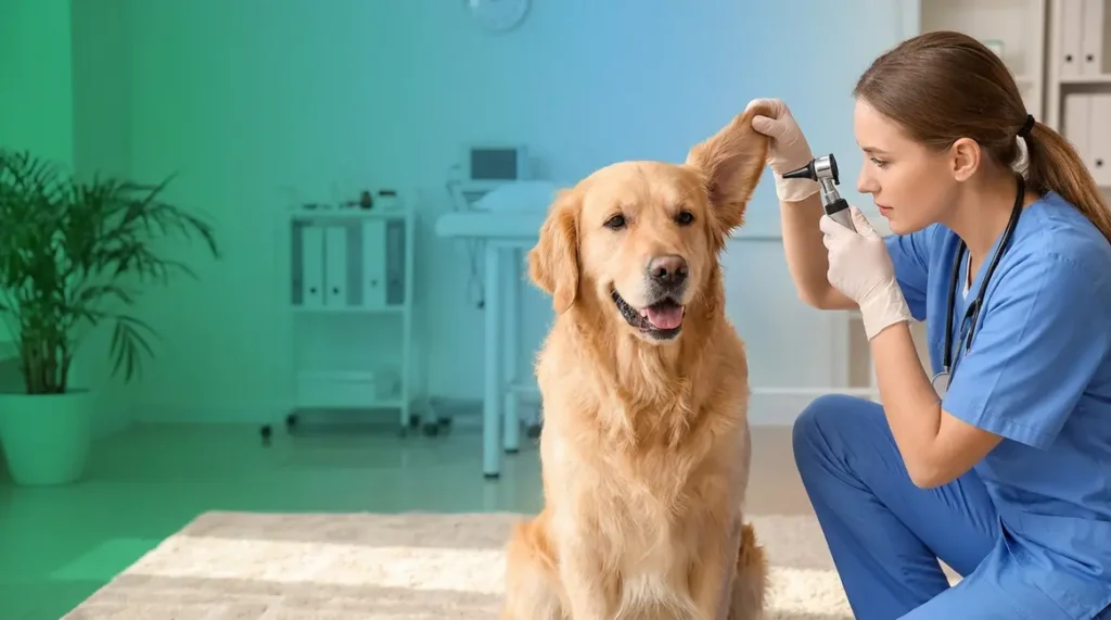 Veterinary professional practicing golden retriever ear infection prevention by checking healthy dog's ears
