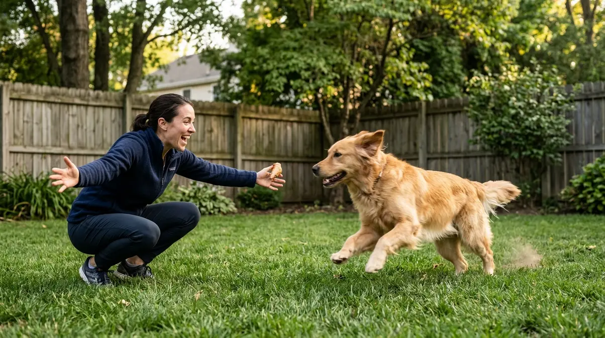 Golden Retriever sprinting toward owner during emergency recall practice in a fenced backyard with high-value treat reward