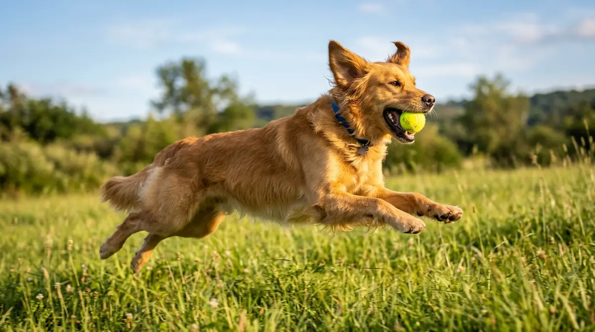 Golden retriever mid-retrieve catching a tennis ball in an open grassy field demonstrating fetch training