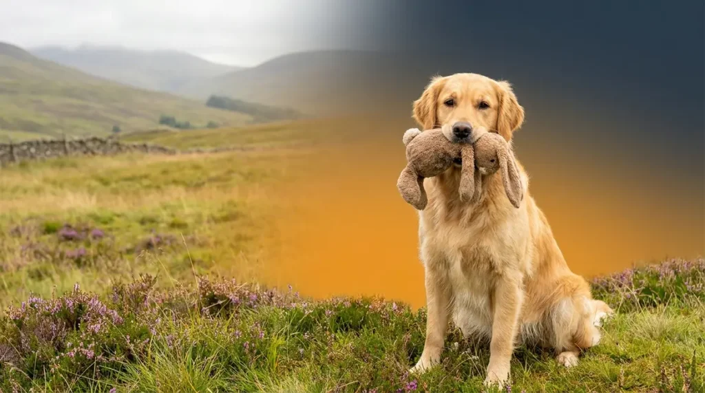 Golden Retriever demonstrating gentleness and kindness by holding a soft toy