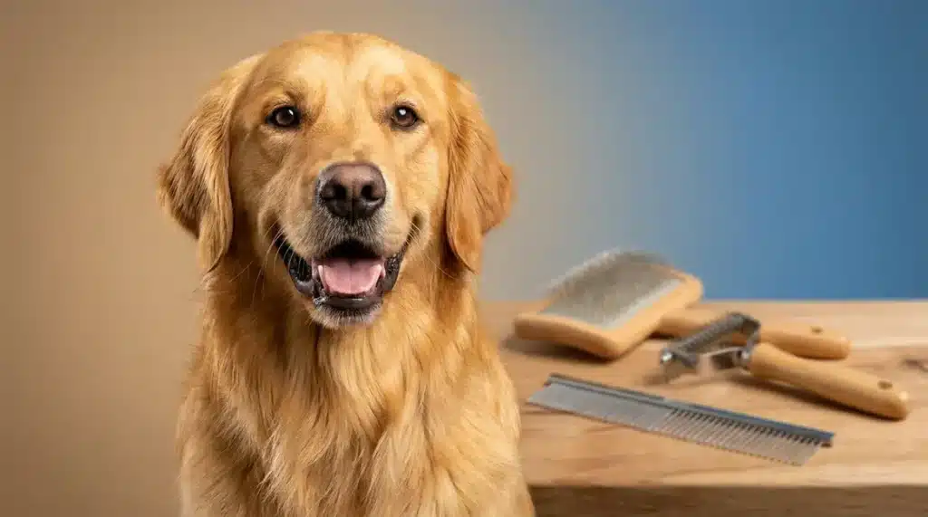 Golden retriever grooming tips illustrated by a perfectly groomed dog with a shiny coat sitting happily.