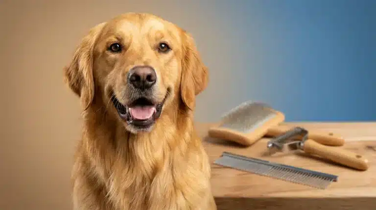 Golden retriever grooming tips illustrated by a perfectly groomed dog with a shiny coat sitting happily.
