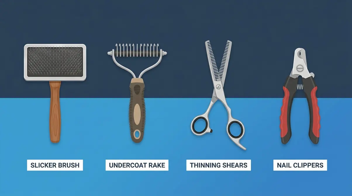 Infographic showing five essential grooming tools for Golden Retriever home grooming, each labeled with its coat-layer job