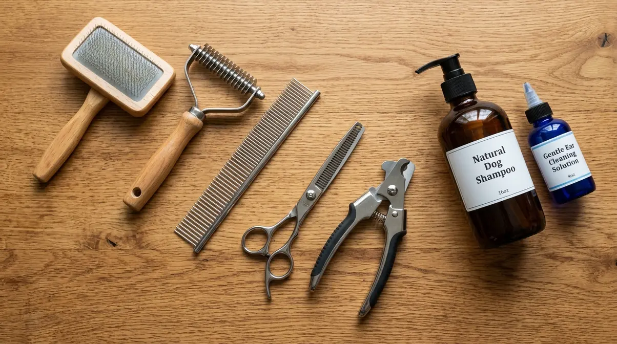 Complete Golden Retriever grooming toolkit laid out on a warm wood surface including slicker brush and undercoat rake