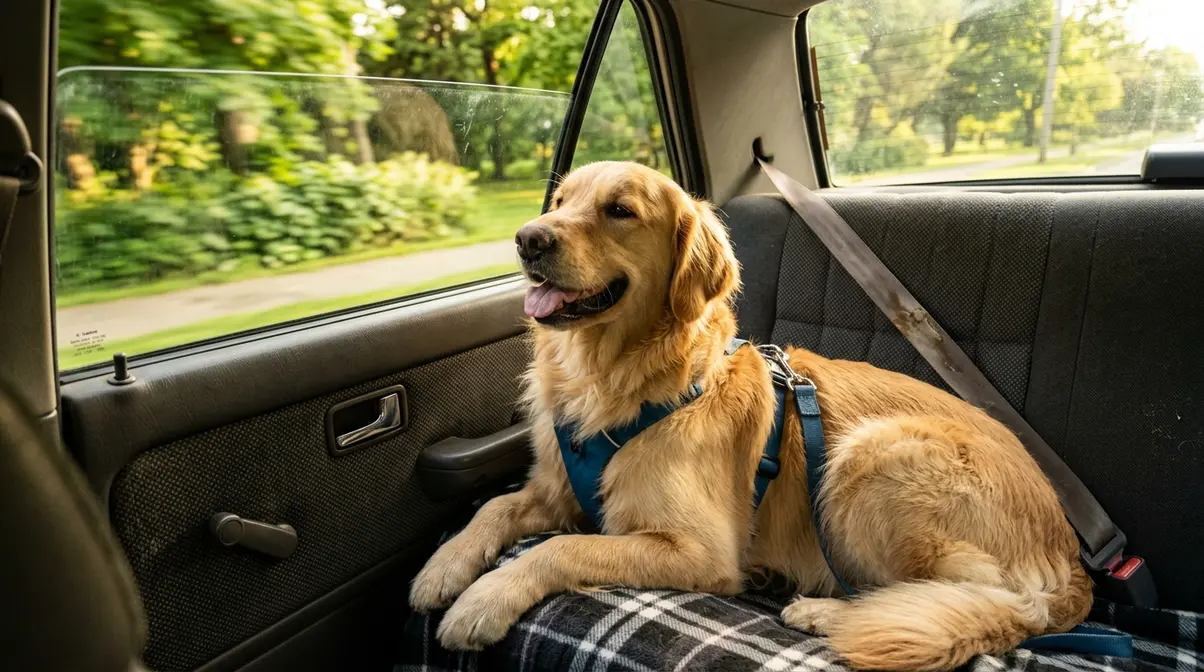 Happy Golden Retriever riding calmly in car back seat with park scenery visible through window