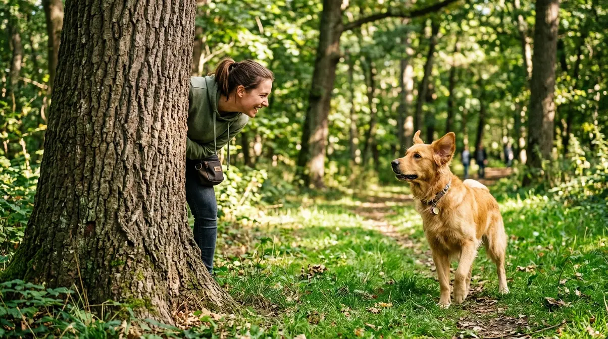 Golden Retriever searching for its owner hiding behind a tree during hide and seek recall training in a park