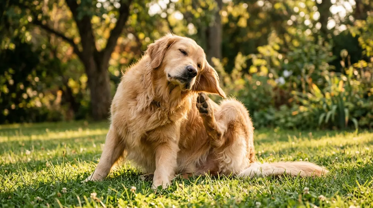 Golden Retriever scratching its ear outdoors on grass, showing signs of itchy skin