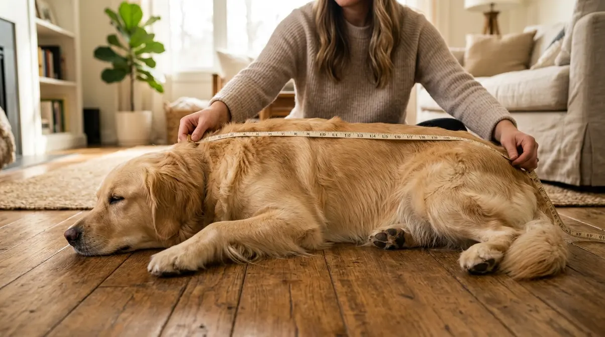 Person using a soft measuring tape along a Golden Retriever