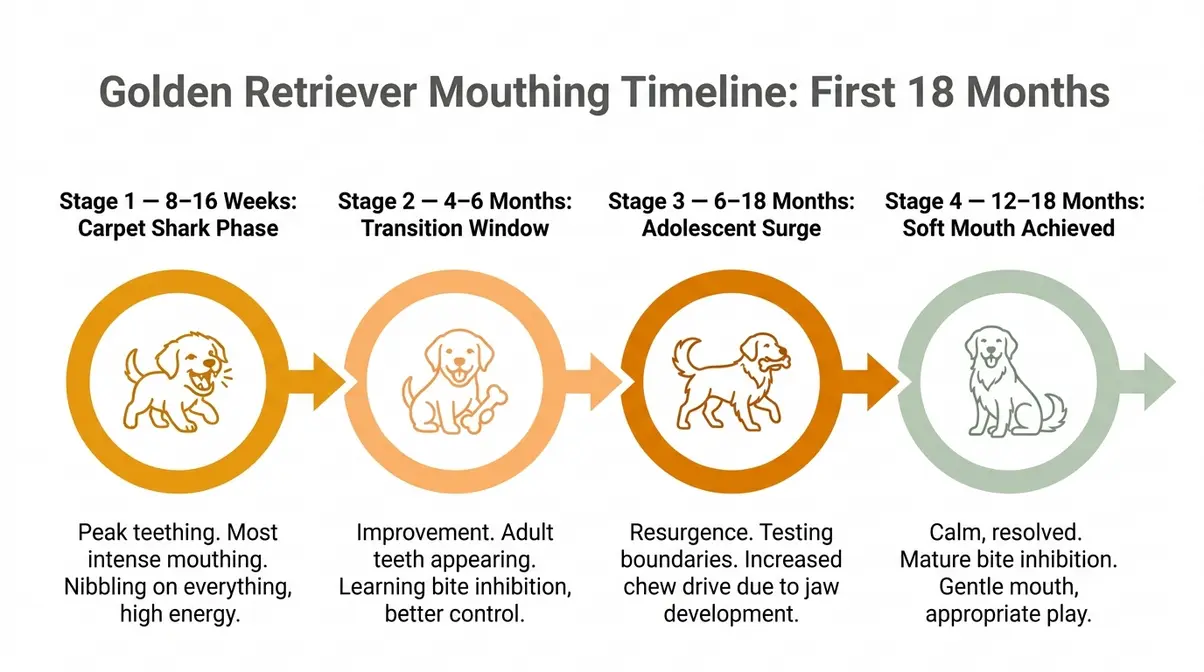 Golden retriever mouthing timeline infographic showing biting stages from 8 weeks to 18 months