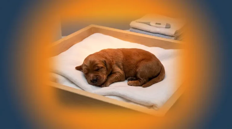 Golden retriever newborn puppy sleeping safely in a warm whelping box
