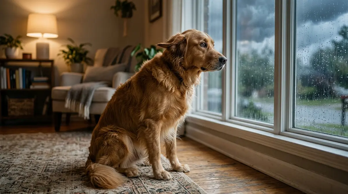 Golden retriever showing noise anxiety signs indoors with storm visible through window