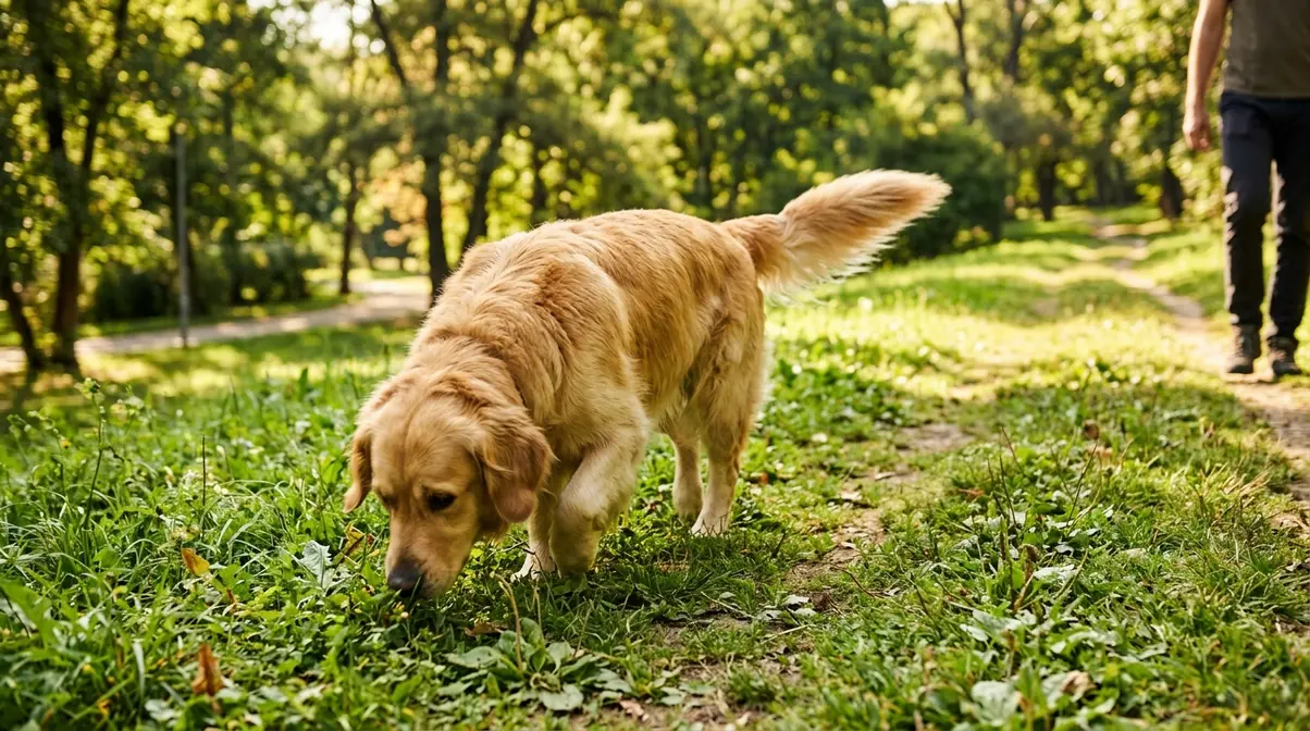 Golden Retriever nose-down following a scent trail in a park, ignoring its owner in the background