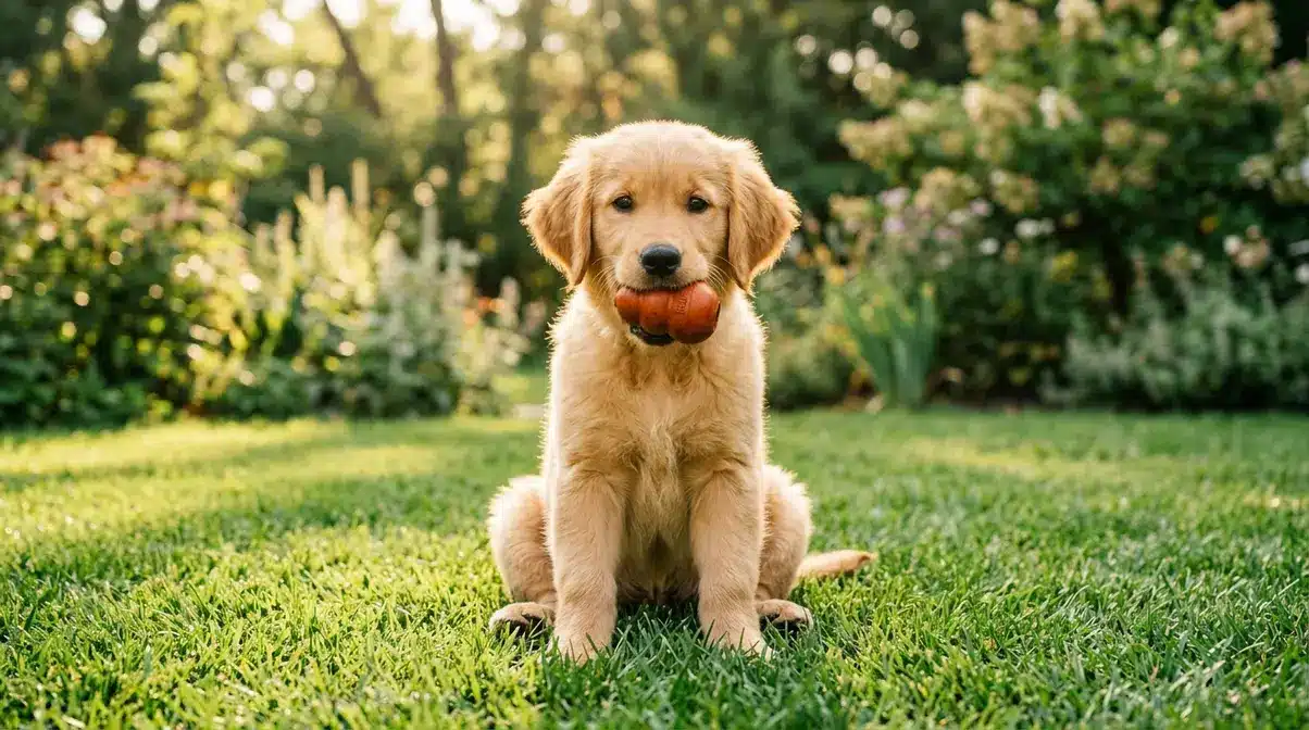 Golden Retriever puppy holding rubber chew toy in mouth demonstrating natural oral drive behavior