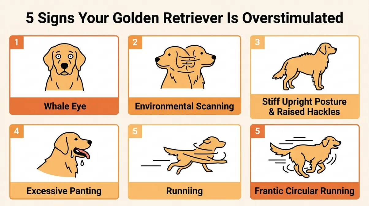 Five-panel infographic showing golden retriever overstimulation signs including whale eye and frantic movement