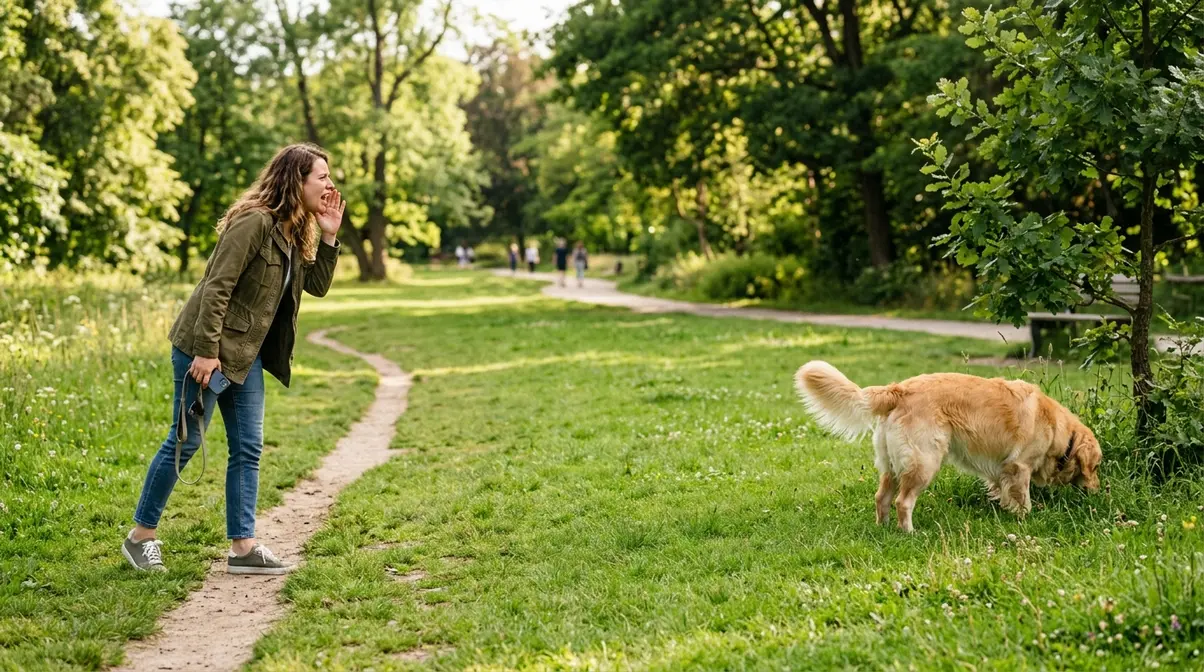 Person calling a Golden Retriever in a park while the dog ignores the recall cue and sniffs the ground